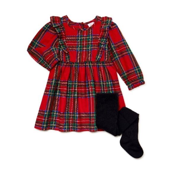 Baby Girl Plaid Long Sleeve Dress With Tights 2-Piece Set Size 12M - Picture 1 of 9